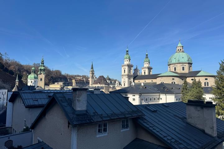 Rooftops and domed churches with spires under a clear blue sky.