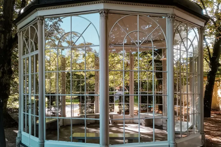 a building next to a window