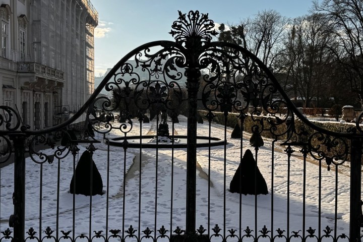 a group of people standing in front of a fence