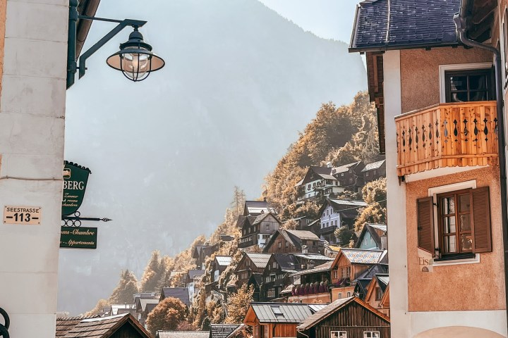 a building with a mountain in the background