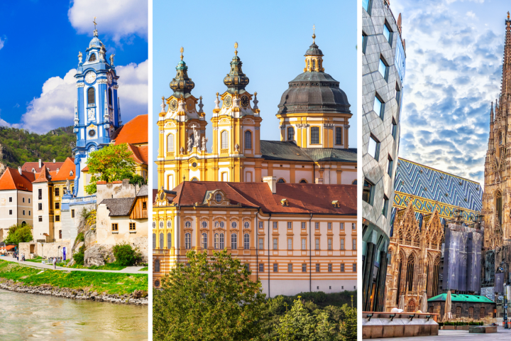 Three European scenes: riverside town, baroque building, and Gothic cathedral.