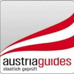 Logo with red and white waves, text 'austriaguides staatlich geprüft'.