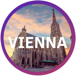 Vienna cathedral with sunset sky in circle frame, VIENNA text overlay.