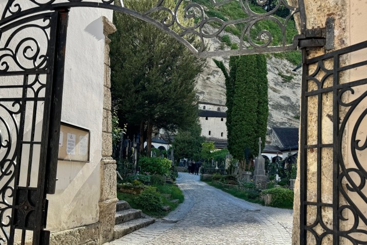 Ornate iron gate opening to a cobblestone path and greenery.