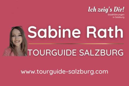 Business card for Sabine Rath, Salzburg tour guide, with website and logo.