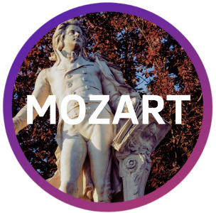 Statue of a man with 'MOZART' text overlay inside a circular purple frame.