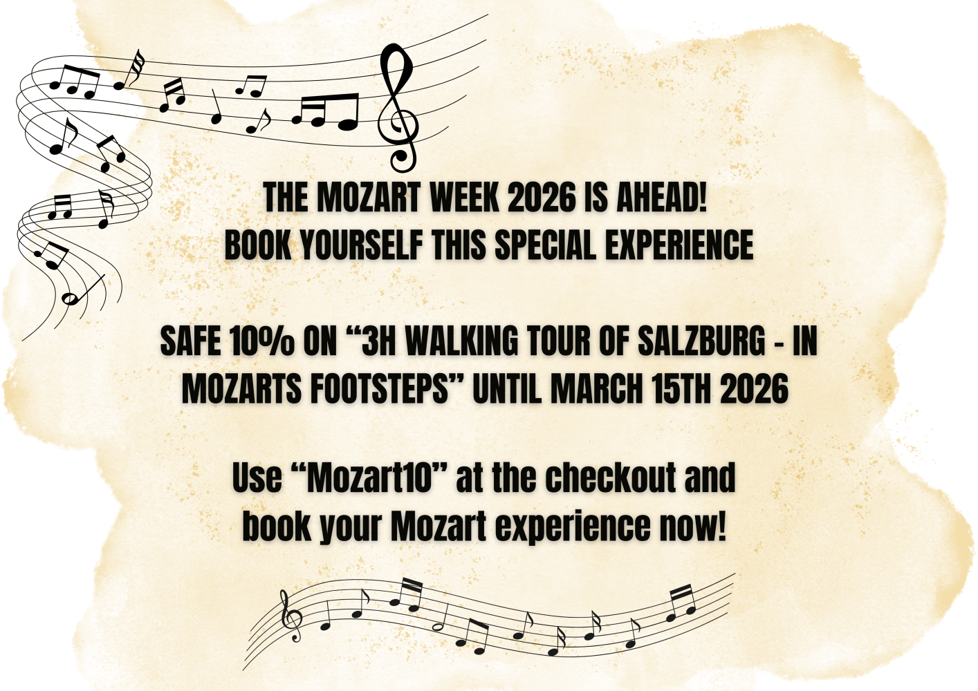 Mozart Week 2026 promotion with music notes, mentioning a walking tour discount in Salzburg.