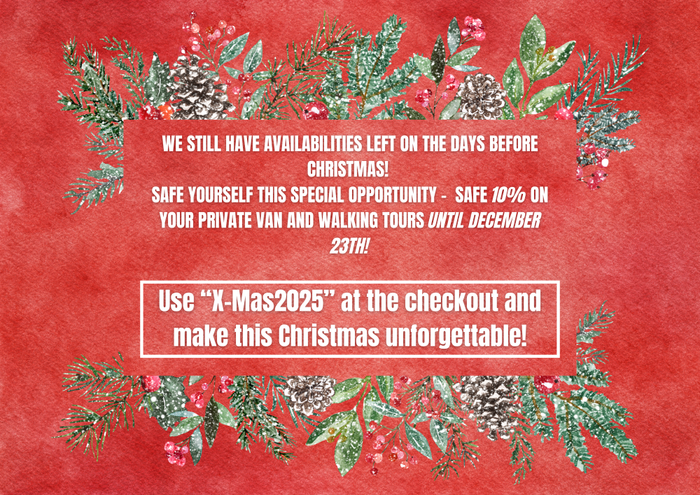 Red background with Christmas foliage and promo text for tour discounts until December 23rd, using code 'X-Mas2025'.
