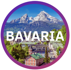 Mountainous landscape in Bavaria with text overlay.