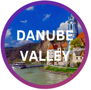 Circular image of Danube Valley with river, buildings, and 'Danube Valley' text overlay.