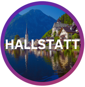 Hallstatt village view with mountains and lake, text 'HALLSTATT' overlaid, in circular frame.