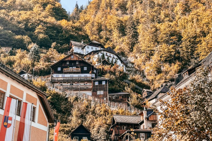 Charming village houses on a tree-covered hillside in autumn.