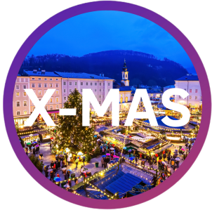 Festive Christmas market at evening with lights, tree, and crowd. Bold 'X-MAS' text overlays image.