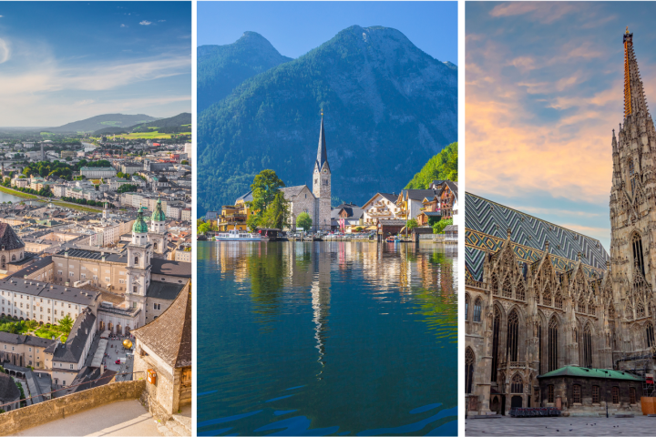 Three scenes: cityscape with river, lakeside village with mountain, gothic cathedral at sunset.