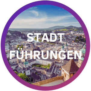 Aerial view of a city with 'Stadtführungen' text overlay on a purple-bordered circle.