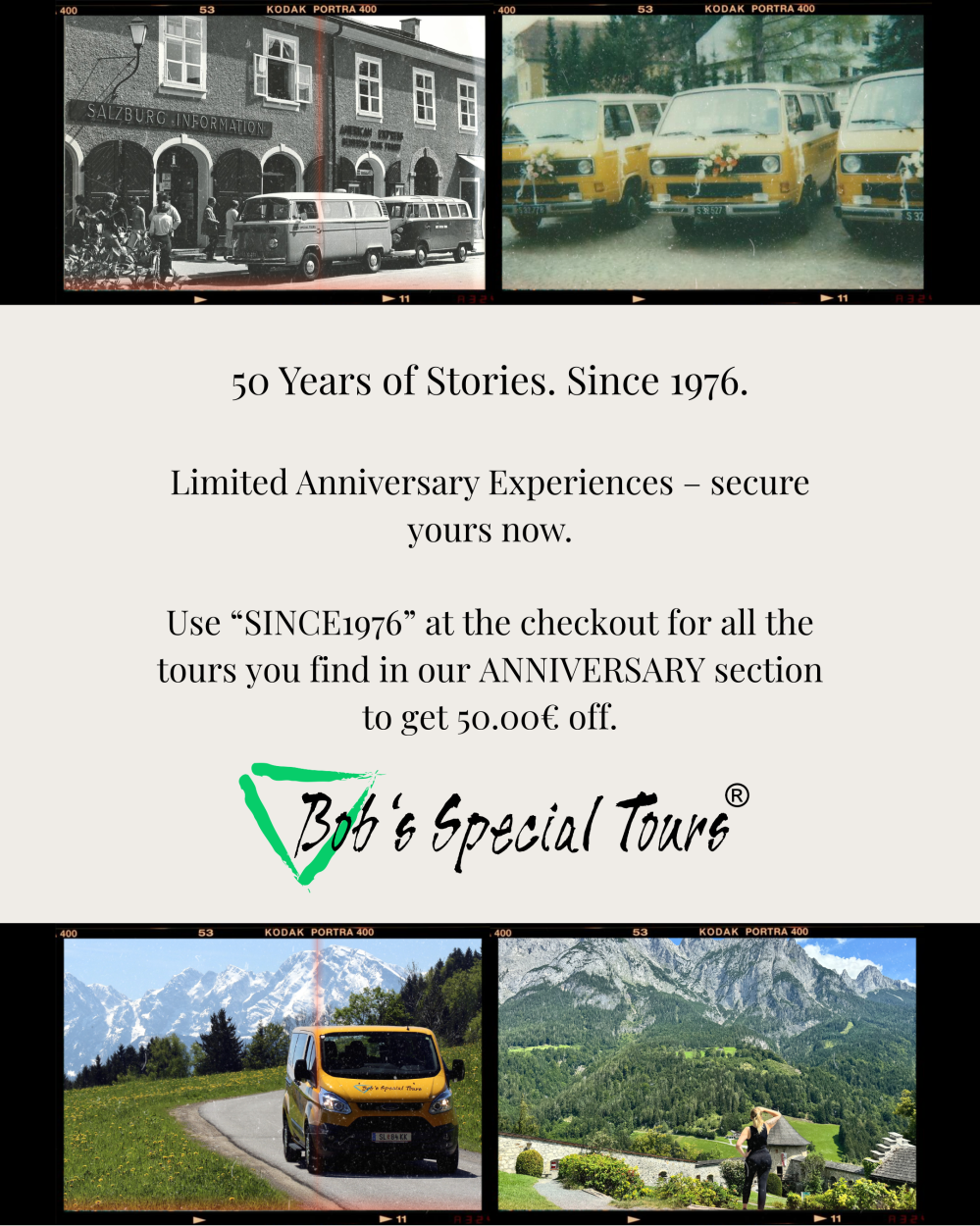 Collage of vintage and modern tour buses with mountains, promoting Bob's Special Tours' 50th anniversary.
