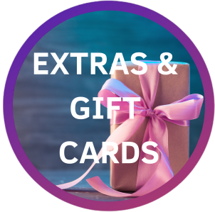Gift box wrapped with pink ribbon, text reads 'EXTRAS & GIFT CARDS'.