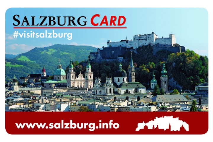 Salzburg cityscape with historic buildings and fortress, labeled Salzburg Card.