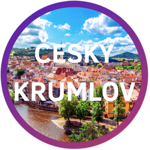 Český Krumlov view with buildings and river, text overlay.