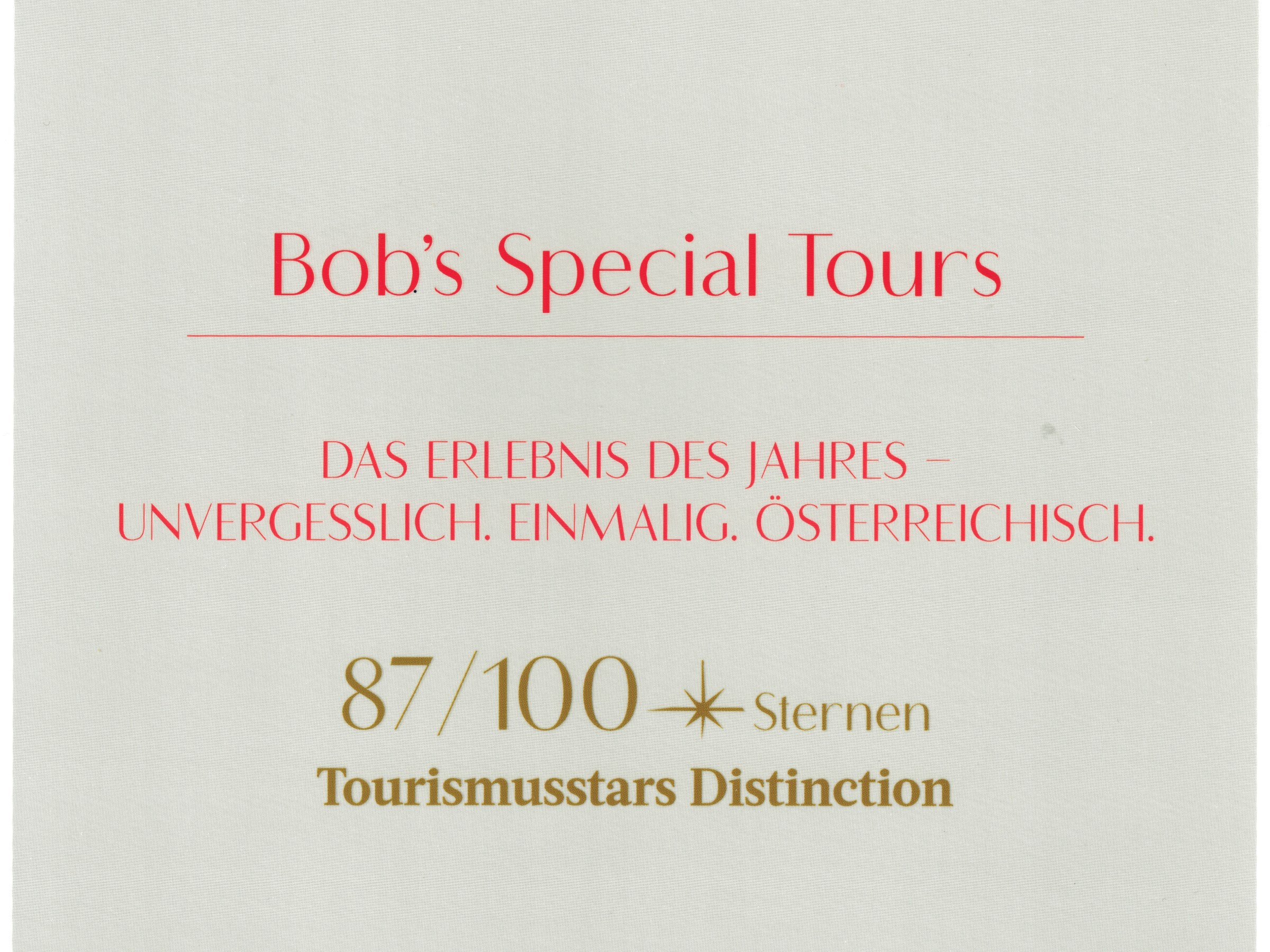 Award certificate for Bob's Special Tours, 87/100 stars, Tourismusstars Distinction, 2026.